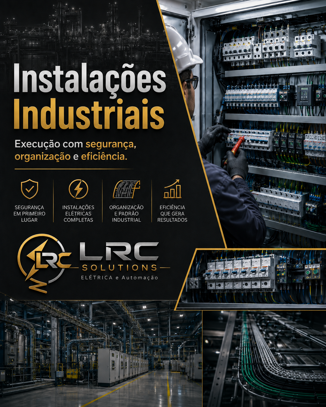 Equipe técnica realizando instalação industrial e verificação de painel
